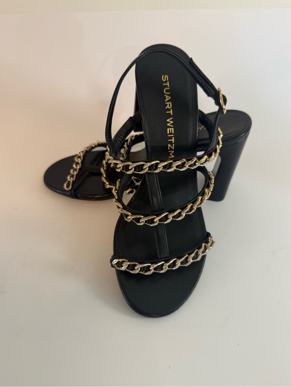 Stuart Weitzman Black Heel Sandals with Gold Chain Straps
